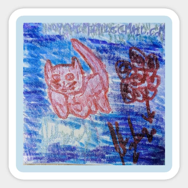 Pink cat on blue Sticker by JudyOriginalz